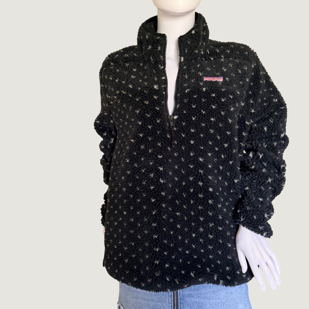 Vineyard Vines Womens Black White Sherpa Fleece Quarter Zip Pullover Sweater XL